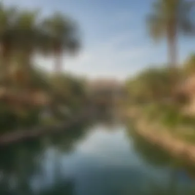 Breathtaking Landscape of Jumeirah Golf Estate Golf Course Beautiful landscape of the golf course surrounded by palm trees and water features