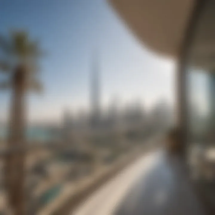 Luxurious sea view apartment balcony overlooking the Dubai skyline