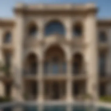 Intricate architectural details of the facade of the largest residence in Dubai, highlighting its unique design.