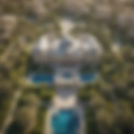 Aerial view of a luxurious mansion in Dubai showcasing its sprawling gardens and intricate architecture