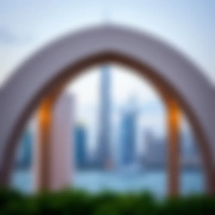 Architectural details of The Lighthouse against the Dubai skyline