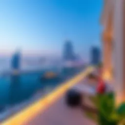 Stunning view of a luxury penthouse terrace overlooking the Dubai skyline