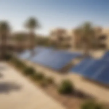 Sustainable living features in Tilal Al Furjan, such as solar panels and gardens