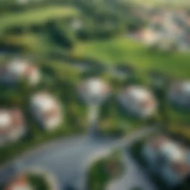 Aerial view of a luxurious gated community in Dubai with lush greenery