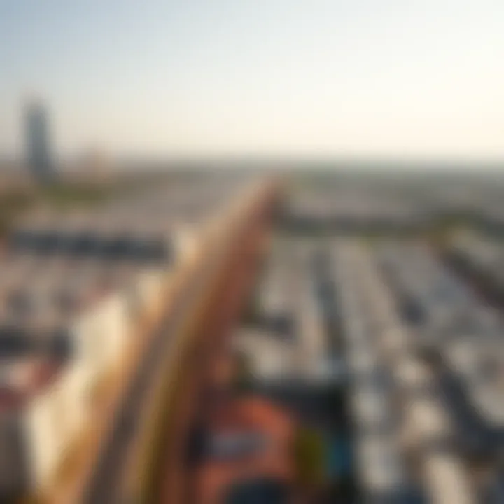 Aerial view of Dubai showcasing properties near the metro line